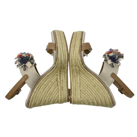 Tory Burch Tan Espadrille High Heel Wedge Sandals w Floral Detail Women's Sz 7.5 - Picture 7 of 11